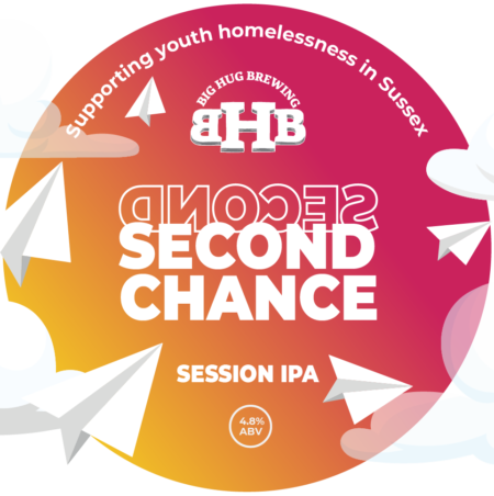 Big Hug Brewing logo: pink and orange with white writing saying 'second chance session IPA'