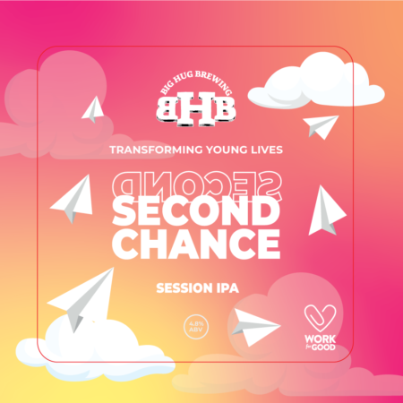 Big Hug Brewing beer mat: pink and orange with white writing saying 'second chance session IPA'