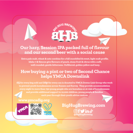 Big Hug Brewing back of beer mat: pink and orange with white writing that reads: our hazy, session IPA packed full of flavour and our second beer with a social cause